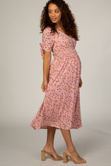 Pink Floral Tie Sleeve Maternity Midi Dress