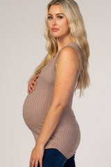 Taupe Button Neckline Ribbed Maternity Tank