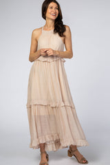 Beige Halter Neck Ruffle Trim Maxi Dress