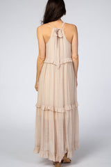 Beige Halter Neck Ruffle Trim Maxi Dress