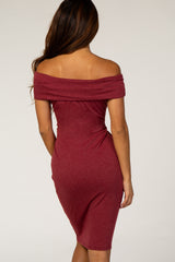 PinkBlush Burgundy Folded Off Shoulder Belted Fitted Dress