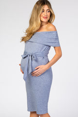 PinkBlush Blue Folded Off Shoulder Belted Fitted Maternity Dress