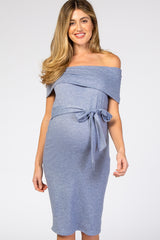 PinkBlush Blue Folded Off Shoulder Belted Fitted Maternity Dress