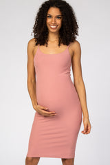 Pink Ribbed Fitted Maternity Dress