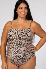 Beige Cheetah Print One-Piece Maternity Plus Swimsuit