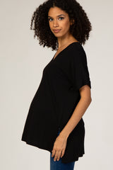 Black V-Neck Cuffed Short Sleeve Maternity Top
