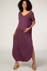 Plum V-Neck Short Sleeve Maternity Maxi Dress