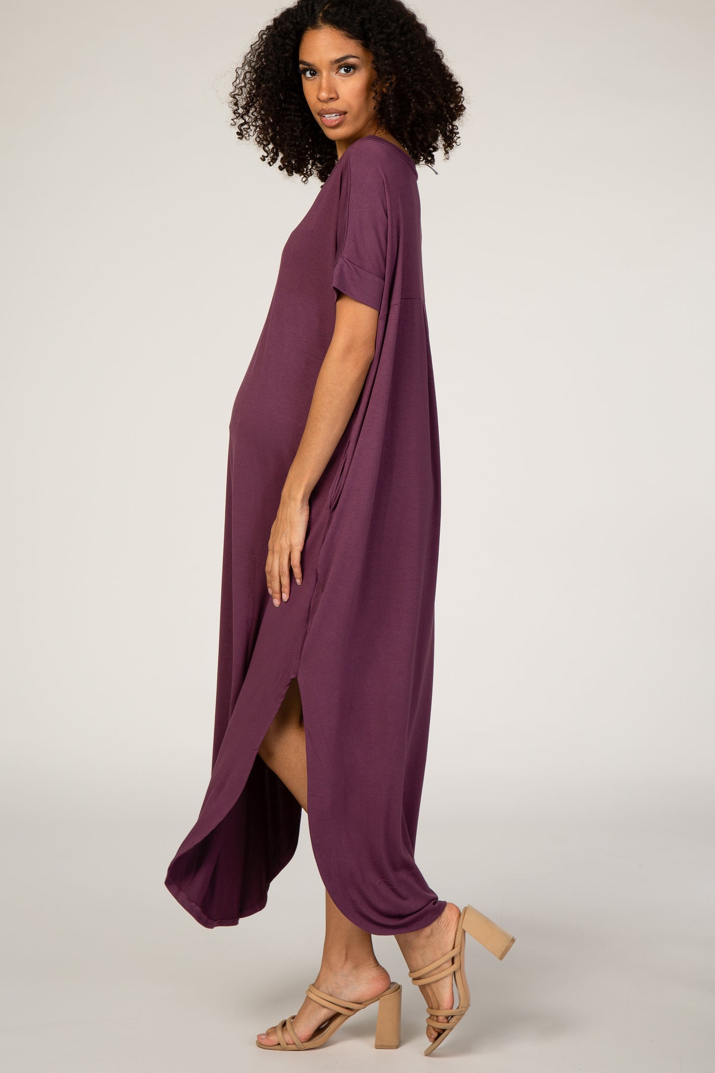 Plum V-Neck Short Sleeve Maternity Maxi Dress