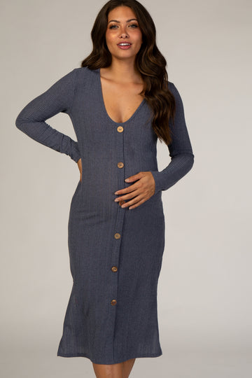 Navy Button Down Maternity Midi Dress