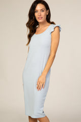 Light Blue Flounce Sleeve Ribbed Dress