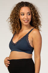 Navy Blue Textured Rib Lace Maternity Bralette