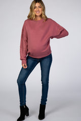 Mauve Cable Knit Sleeve Mock Neck Maternity Sweater