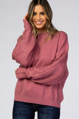 Mauve Cable Knit Sleeve Mock Neck Maternity Sweater