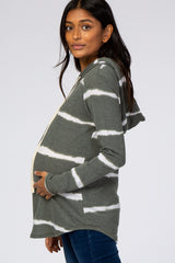 Olive Tie Dye Stripe Animal Print Hooded Maternity Top