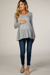 Heather Grey Tiered V-Neck Maternity Blouse