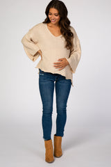 Beige V-Neck Hi-Low Maternity Sweater