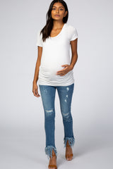 Blue Distressed Fringe Hem Maternity Skinny Jeans