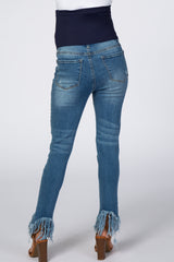 Blue Distressed Fringe Hem Maternity Skinny Jeans