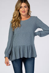 Blue Ribbed Knit Tiered Bubble Long Sleeve Maternity Top