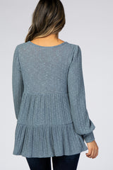 Blue Ribbed Knit Tiered Bubble Long Sleeve Top