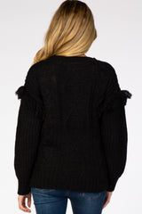 Black Cable Knit Fringe Sleeve Maternity Sweater