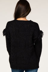 Black Cable Knit Fringe Sleeve Sweater