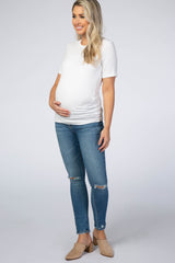 Blue Distressed Knee Crop Maternity Jeans