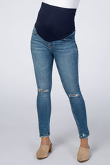 Blue Distressed Knee Crop Maternity Jeans