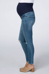 Blue Distressed Knee Crop Maternity Jeans