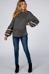 Charcoal Embroidered Fringe Bubble Long Sleeve Maternity Top