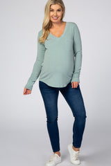 Light Olive Soft Knit V-Neck Maternity Long Sleeve Top