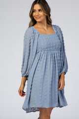 Light Blue Textured Dot Smocked Square Neck Chiffon Dress