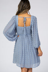 Light Blue Textured Dot Smocked Square Neck Chiffon Dress