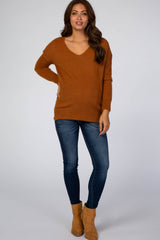 Camel Fuzzy Knit V-Neck Maternity Sweater