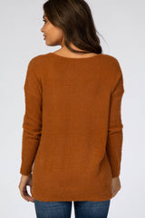 Camel Fuzzy Knit V-Neck Maternity Sweater