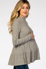 Taupe Soft Ribbed Tiered Mock Neck Maternity Top