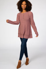 Mauve Waffle Knit Button Front Top