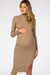 Taupe Ribbed Fitted Mock Neck Long Sleeve Maternity Midi Dress