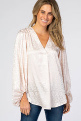 Light Pink Satin Leopard V-Neck Bubble Sleeve Maternity Blouse