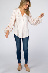 Light Pink Satin Leopard V-Neck Bubble Sleeve Blouse