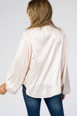 Light Pink Satin Leopard V-Neck Bubble Sleeve Blouse