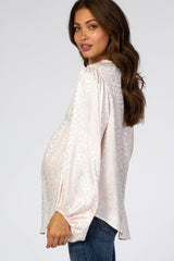 Light Pink Satin Leopard V-Neck Bubble Sleeve Maternity Blouse