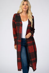 Burgundy Checkered Long Sleeve Cardigan