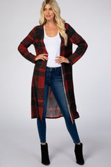 Burgundy Checkered Long Sleeve Cardigan