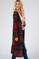 Burgundy Checkered Long Sleeve Cardigan