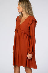 Rust Ruffle V-Neck Dress