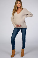 Beige Soft Knit V-Neck Maternity Sweater