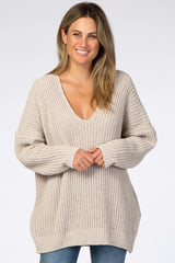 Beige Soft Knit V-Neck Maternity Sweater