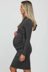 Charcoal Ruched Hooded Maternity Dress