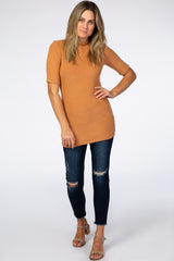 Camel Soft Brushed Knit Mock Neck Top